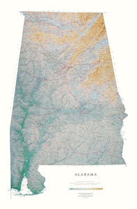 Alabama, Physical, Laminated Wall Map by Raven Maps