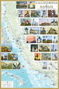 California and Hawaii Lighthouses Map, Laminated Poster by Bella Terra Publishing LLC