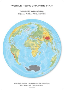 World Topographic Hexagons, Lambert Azimuthal Equal Area projection centered on 15 East by Oxford Cartographers