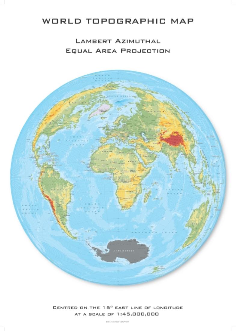Cover of World Topographic Hexagons Lambert Azimuthal Equal Area projection centered on 15 East 