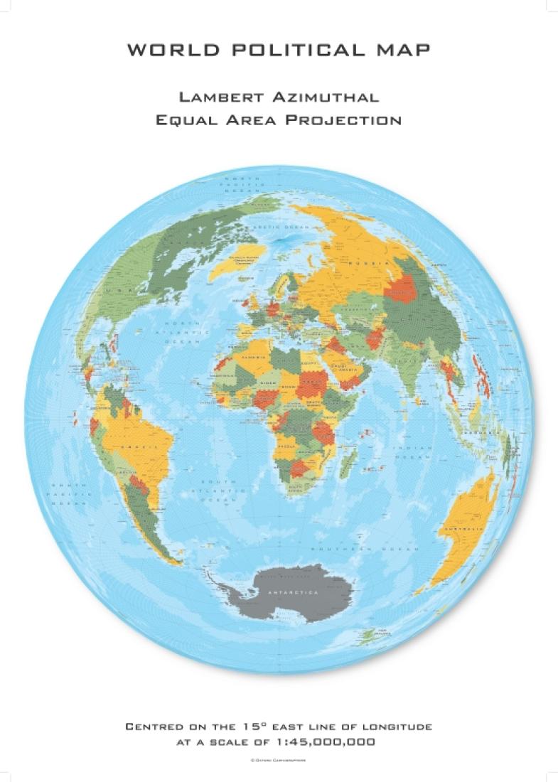 Cover of World Political Hexagons Lambert Azimuthal Equal Area projection centered on 15 East 