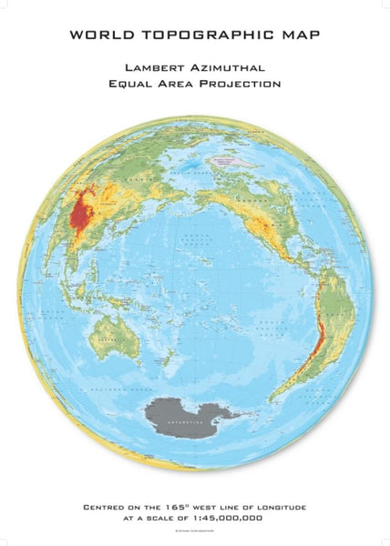 Cover of World Topographic Hexagons Lambert Azimuthal Equal Area projection centred on 165 West 