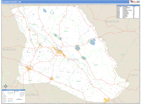 Bladen County, North Carolina Zip Code Wall Map Market Maps (IDI)