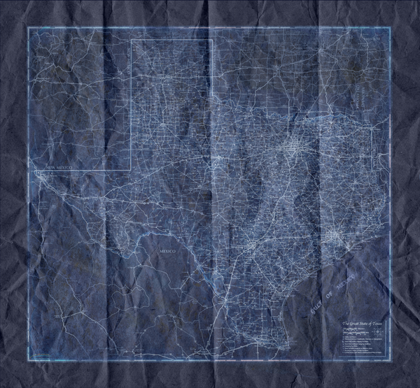 Texas Blueprint Style Crumpled Wall Map Maps.com