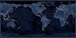 Blueprint Style World Physical USA-Centered Wall Map