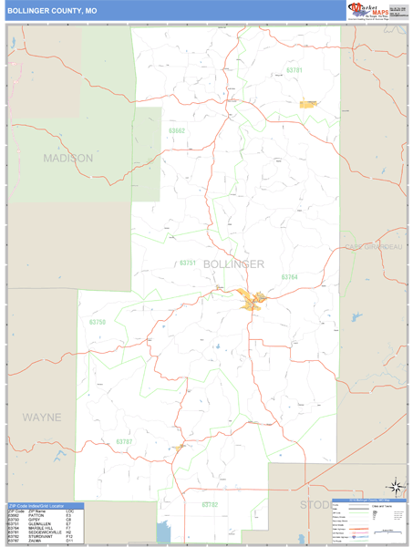 Bollinger County, Missouri Zip Code Wall Map Market Maps (IDI)