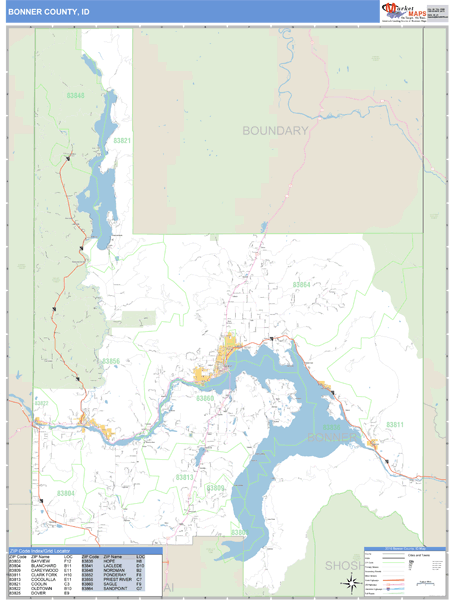 Bonner County, Idaho Zip Code Wall Map Market Maps (IDI)