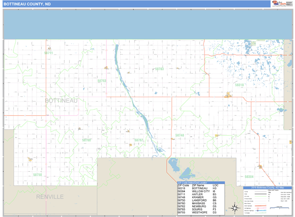 Bottineau County, North Dakota Zip Code Wall Map Market Maps (IDI)