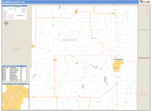 Bourbon County, Kansas Zip Code Wall Map