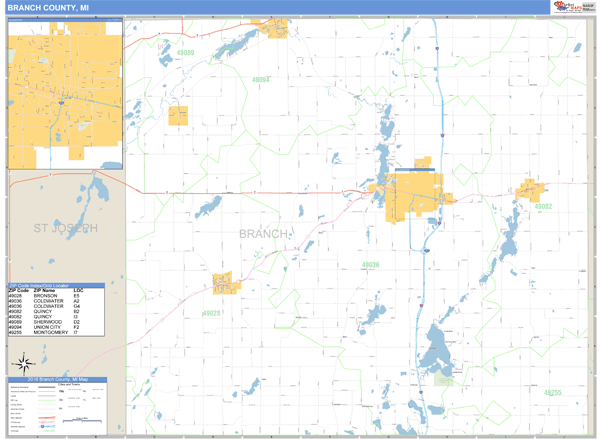Branch County, Michigan Zip Code Wall Map Market Maps (IDI)
