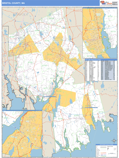 Bristol County, Massachusetts Zip Code Wall Map Market Maps (IDI)
