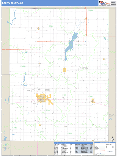 Brown County, South Dakota Zip Code Wall Map Market Maps (IDI)