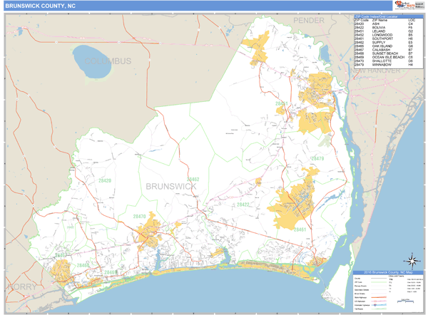 Brunswick County, North Carolina Zip Code Wall Map Market Maps (IDI)