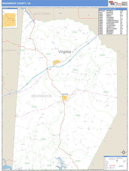 Brunswick County, Virginia Zip Code Wall Map | Map Geek.com