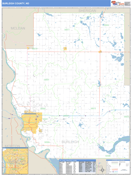 Burleigh County, North Dakota Zip Code Wall Map Market Maps (IDI)