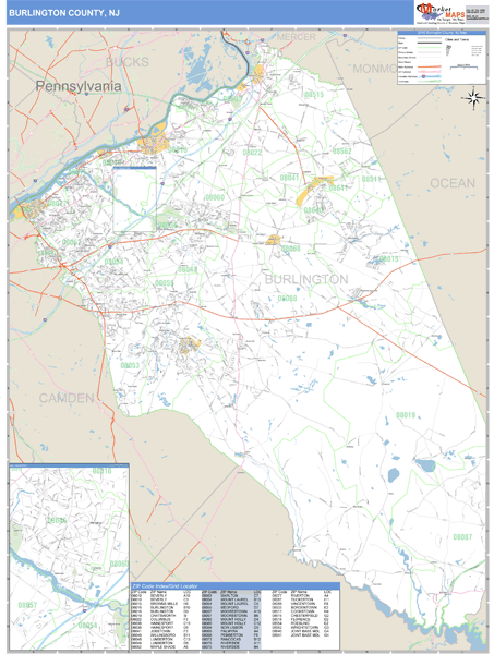 Burlington County, New Jersey Zip Code Wall Map Market Maps (IDI)