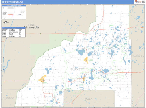 Burnett County, Wisconsin Zip Code Wall Map Market Maps (IDI)