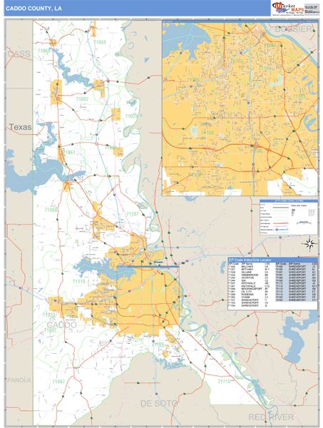 Caddo County, Louisiana Zip Code Wall Map Market Maps (IDI)