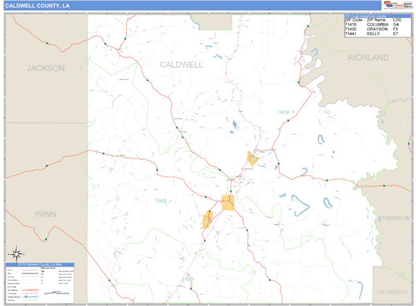 Caldwell County, Louisiana Zip Code Wall Map Market Maps (IDI)
