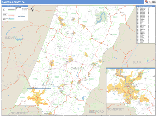 Cambria County, Pennsylvania Zip Code Wall Map Market Maps (IDI)