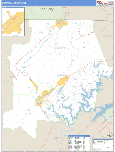 Campbell County, Tennessee Zip Code Wall Map Market Maps (IDI)