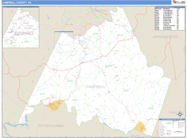 Campbell County, Virginia Zip Code Wall Map Market Maps (IDI)