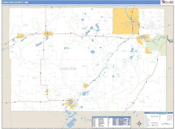Carlton County, Minnesota Zip Code Wall Map Market Maps (IDI)