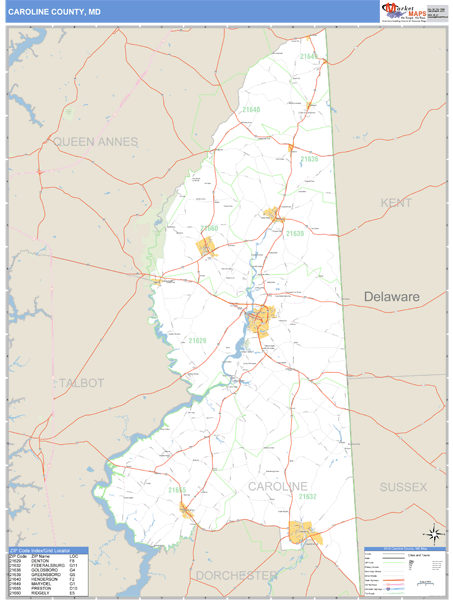 Caroline County, Maryland Zip Code Wall Map Market Maps (IDI)
