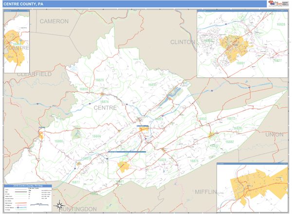 Centre County, Pennsylvania Zip Code Wall Map Market Maps (IDI)