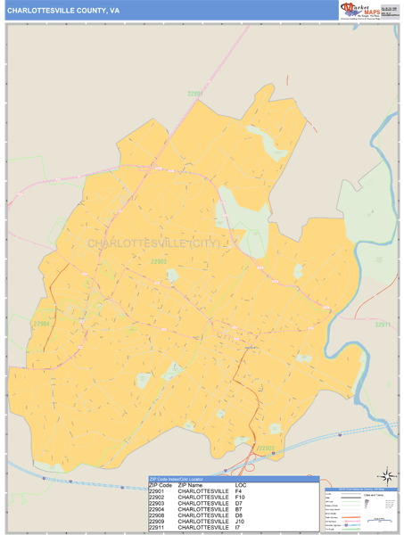 Charlottesville County County, Virginia Zip Code Wall Map Market Maps (IDI)