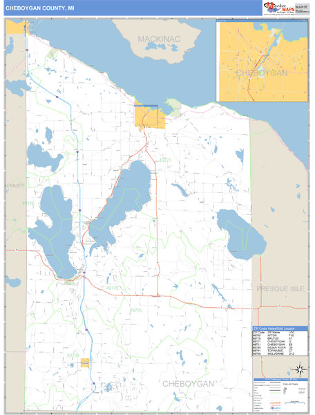 Cheboygan County, Michigan Zip Code Wall Map Market Maps (IDI)