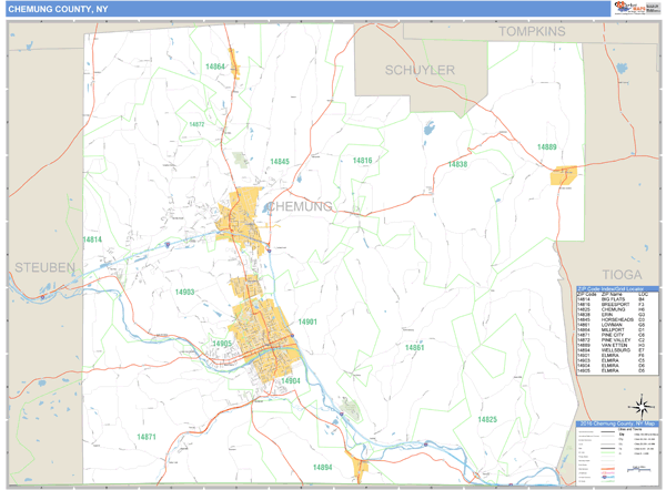 Chemung County, New York Zip Code Wall Map Market Maps (IDI)