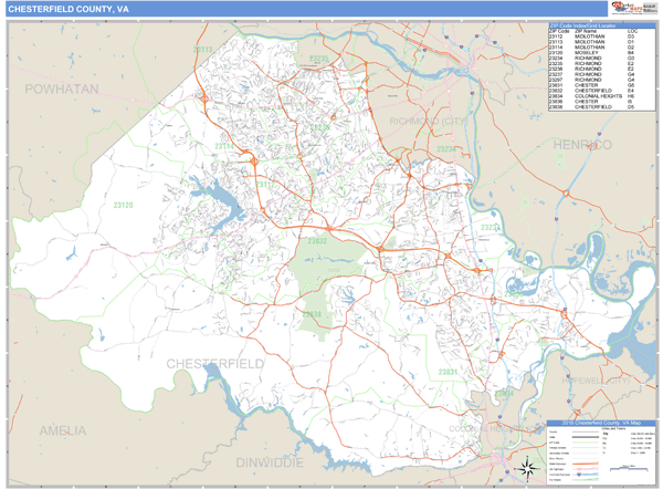 Chesterfield County, Virginia Zip Code Wall Map | Map Geek.com