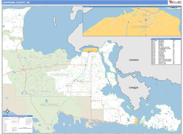 Chippewa County, Michigan Zip Code Wall Map Market Maps (IDI)