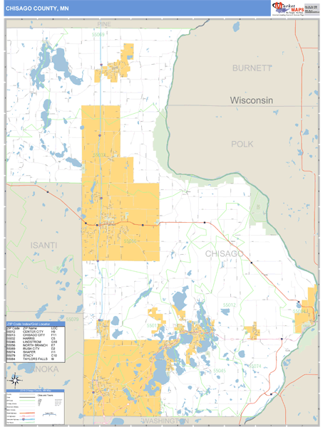 Chisago County, Minnesota Zip Code Wall Map Market Maps (IDI)
