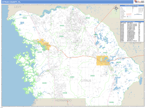 Citrus County, Florida Zip Code Wall Map Market Maps (IDI)