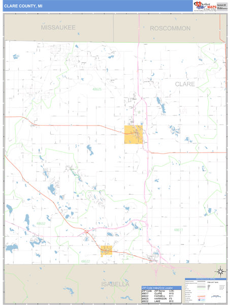 Clare County, Michigan Zip Code Wall Map Market Maps (IDI)