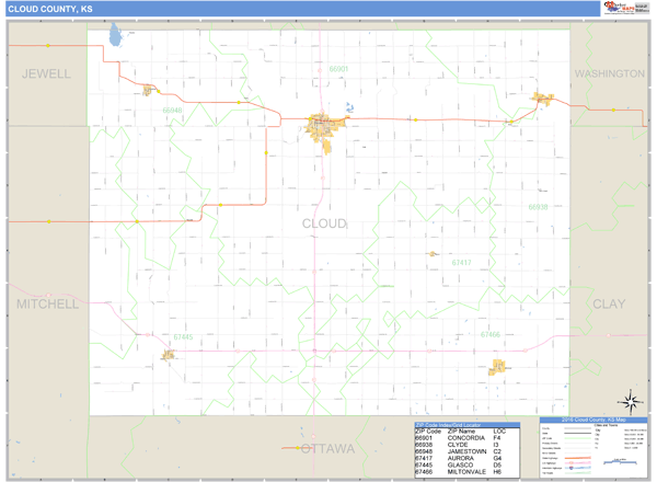 Cloud County, Kansas Zip Code Wall Map Market Maps (IDI)