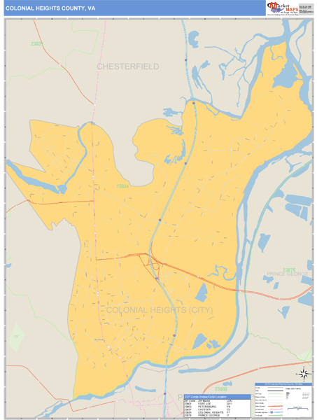 Colonial Heights County, Virginia Zip Code Wall Map Market Maps (IDI)