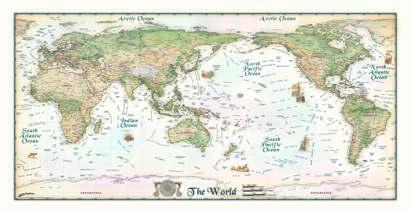 Colorful Antique Ivory World Map Pacific Centered Maps.com
