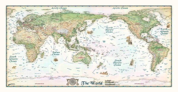 Colorful Antique Ivory World Map Pacific Centered Maps.com