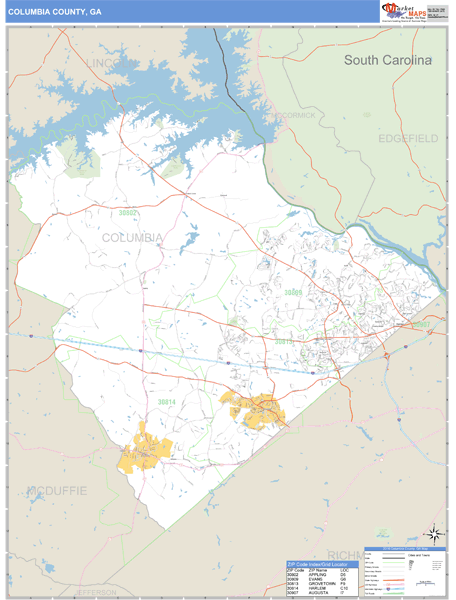 Columbia County, Georgia Zip Code Wall Map Market Maps (IDI)