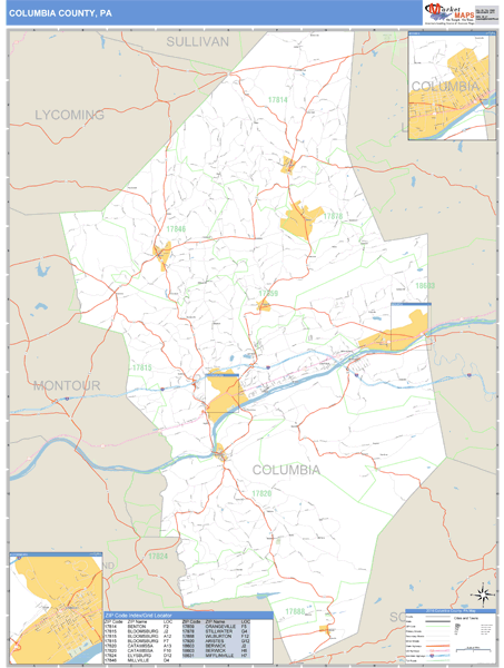 Columbia County, Pennsylvania Zip Code Wall Map Market Maps (IDI)