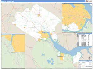 Craven County, North Carolina Zip Code Wall Map