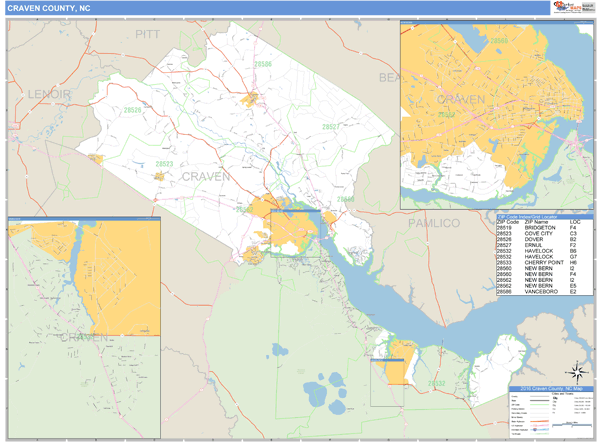 Craven County, North Carolina Zip Code Wall Map Market Maps (IDI)