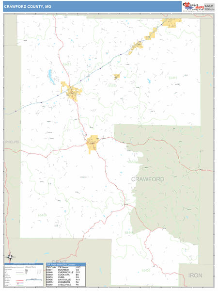 Crawford County, Missouri Zip Code Wall Map Market Maps (IDI)
