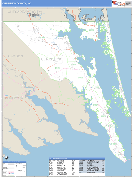 Currituck County, North Carolina Zip Code Wall Map Market Maps (IDI)