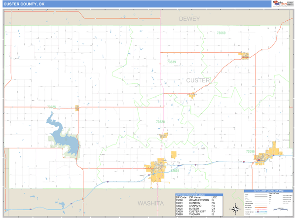 Custer County, Oklahoma Zip Code Wall Map | Map Geek.com