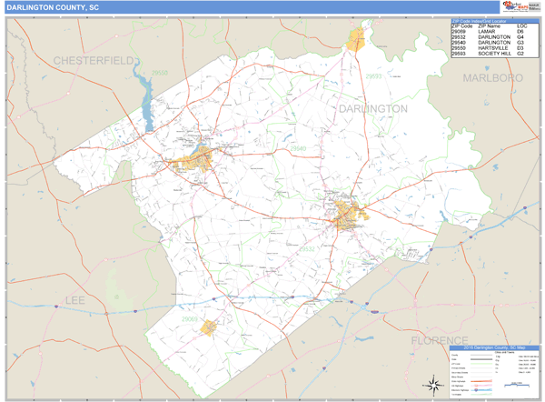 Darlington County, South Carolina Zip Code Wall Map Market Maps (IDI)