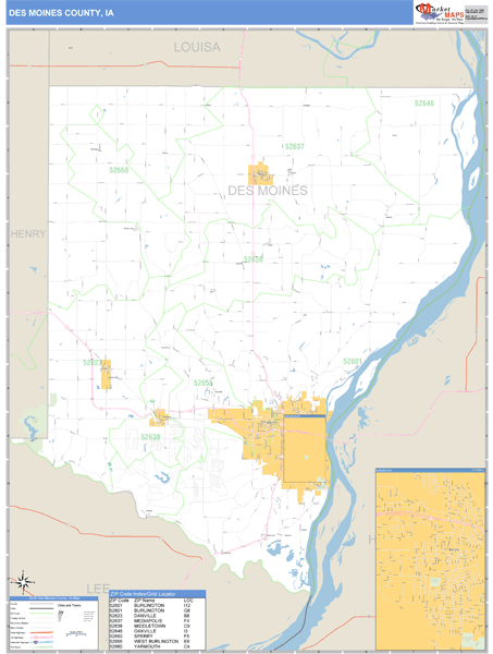 Des Moines County, Iowa Zip Code Wall Map Market Maps (IDI)